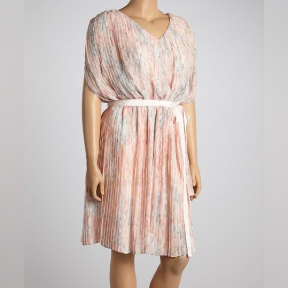 Jessica Simpson Apricot Watercolor Pleated Cap-Sleeve Dress